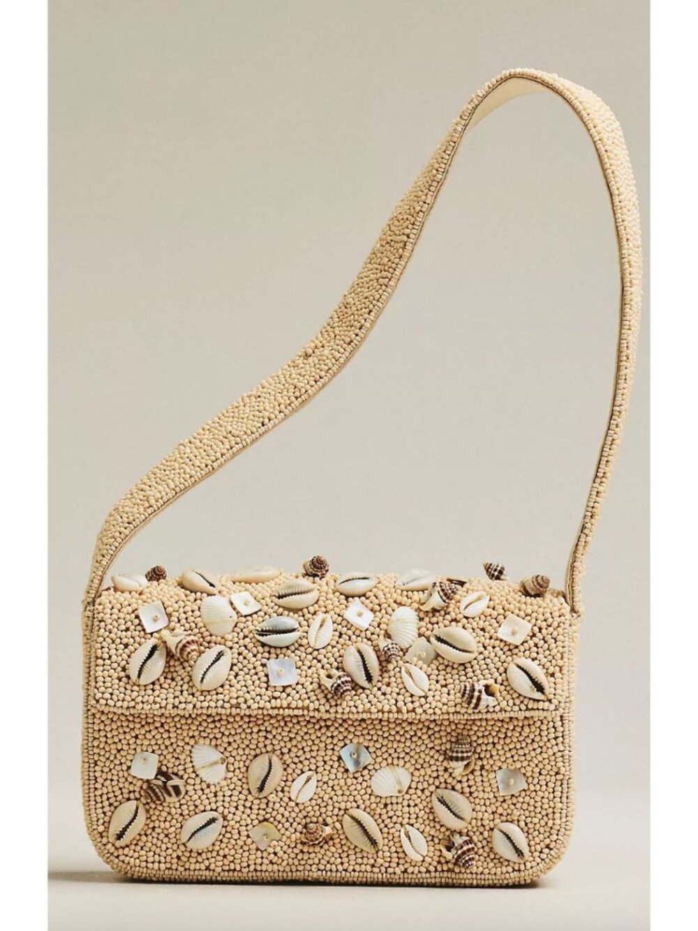Anthropologie Celandine Fiona Beaded Shoulder Bag Neutral Seashell Vacation